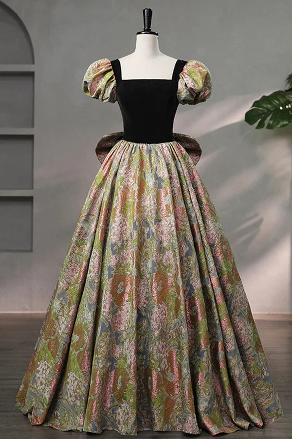 Wholesale Elegant Black Puffy Short Sleeve Floor Length Prom Dress A-Line Floral Pattern Evening Dress